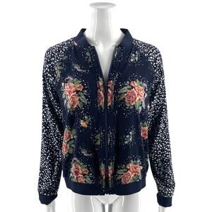 Maurices Womens Lightweight Bomber Jacket Size Large Navy Blue PInk Floral Zip